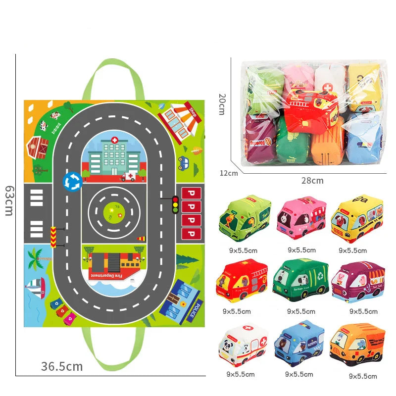 2-in-1 Sensorik-Spielzeugautos mit Spielmatte & Tragetasche