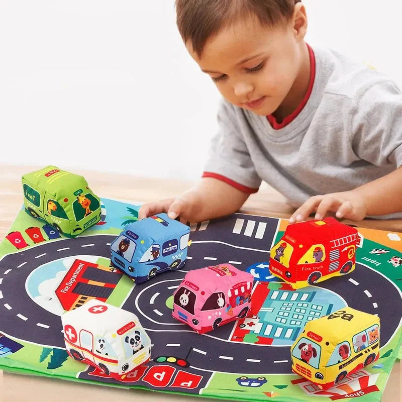 2-in-1 Sensorik-Spielzeugautos mit Spielmatte & Tragetasche