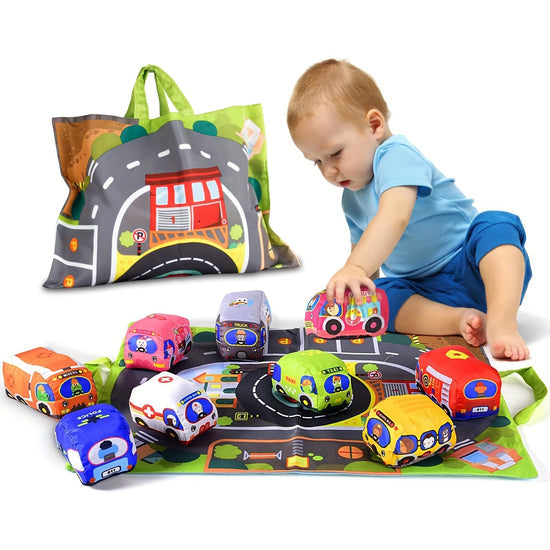 2-in-1 Sensorik-Spielzeugautos mit Spielmatte & Tragetasche
